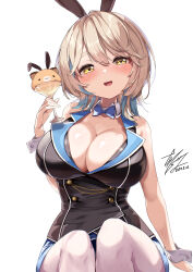 Rule 34 | 1girl, absurdres, animal ears, bare shoulders, black vest, blonde hair, blue bow, blue bowtie, blue hair, blue skirt, blush, bow, bowtie, breasts, bunny garden, buttons, cleavage, collared vest, cup, dated, double-breasted, fake animal ears, hair between eyes, highres, holding, holding cup, large breasts, leotard, looking at viewer, machita chima, medium hair, miniskirt, nijisanji, open mouth, pantyhose, playboy bunny, plunging neckline, rabbit ears, signature, simple background, sitting, skirt, smile, solo, ta1sh1, vest, virtual youtuber, white background, white pantyhose, wolf cut, wrist cuffs, yellow eyes