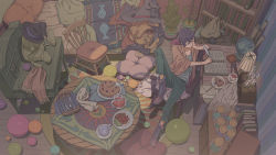 Rule 34 | 1boy, bad id, bad pixiv id, ball, basket, black hair, black hat, chair, cup, food, fork, from above, globe, hat, jar, knife, looking away, original, pie, pillow, plate, scarf, short hair, sitting, task utsushita, teacup, witch hat