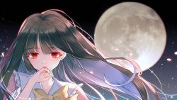 Rule 34 | 1girl, black hair, blouse, bow, bowtie, closed mouth, collar, collared shirt, hair between eyes, hand up, highres, houraisan kaguya, long hair, long sleeves, looking at viewer, moon, moseley, night, night sky, petals, pink shirt, red eyes, shirt, sky, smile, solo, touhou, upper body, wide sleeves, yellow bow, yellow bowtie