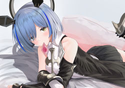 Rule 34 | 1girl, alternate costume, azur lane, bare shoulders, blouse, blue hair, breasts, condom, condom in mouth, condom wrapper, detached sleeves, fingerless gloves, fleur-de-lis, floating headgear, gascogne (azur lane), gascogne (muse) (azur lane), gloves, hair between eyes, head tilt, headgear, looking at viewer, medium breasts, mouth hold, multicolored hair, schreibe shura, shirt, short hair, sleeveless, sleeveless shirt, solo, symbol-shaped pupils, white gloves, yellow eyes
