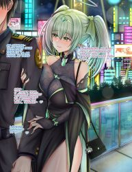 Rule 34 | 1boy, 1girl, black dress, black ribbon, blush, breasts, cityscape, cleavage, closed mouth, commander (nikke), doro (nikke), dress, einkk (nikke), faayafoxmaid, goddess of victory: nikke, grabbing another&#039;s arm, green eyes, green hair, green ribbon, hair ribbon, halo, heart, large breasts, long hair, nail polish, night, pointy ears, ribbon, see-through, see-through cleavage, smile, thighhighs, thighs, twintails, white nails, white thighhighs