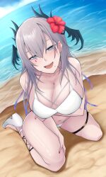 Rule 34 | 1girl, arm under breasts, beach, bikini, blue eyes, breasts, bright pupils, cleavage, collarbone, ear ornament, flower, gorgenzolla, grey hair, hair flower, hair ornament, head wings, highres, horizontal pupils, indie virtual youtuber, large breasts, long hair, mole, mole under mouth, nail polish, navel, ocean, open mouth, pochimaru (vtuber), red flower, red nails, shore, solo, swimsuit, teardrop facial mark, tentacle hair, thigh strap, toenail polish, toenails, virtual youtuber, water, white bikini, white footwear, white pupils, wings