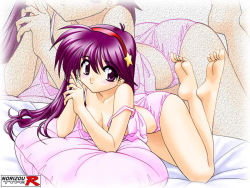Rule 34 | 1girl, asamiya athena, ass, barefoot, bed, breasts, camisole, feet, hair ornament, hairband, lying, medium breasts, nipple slip, nipples, norizou type-r, on stomach, panties, purple panties, red hairband, snk, soles, solo, star (symbol), star hair ornament, strap slip, the king of fighters, the pose, toes, underwear, underwear only, zoom layer