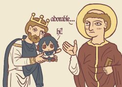Rule 34 | 2boys, athelstan of england, beard, black hair, black ribbon, black skirt, blush, book, brown background, brown hair, closed mouth, collared shirt, commentary, crown, cuthbert of lindisfarne, english text, facial hair, fumo (doll), halo, hat, holding, holding book, kasuya baian, king, medieval, monk, multiple boys, pom pom (clothes), real life, red eyes, red footwear, ribbon, robe, romaji text, shameimaru aya, shirt, simple background, skirt, smile, tokin hat, tonsure, touhou, upper body, white shirt