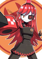 Rule 34 | 1girl, absurdres, alarm siren, arm cannon, artist name, black dress, borrowed character, checkered trim, colored skin, commentary, crosshair pupils, dress, english commentary, heterochromia, highres, joints, long hair, looking at viewer, mimi-sentry, original, personification, red eyes, red hair, robot, robot girl, robot joints, sharp teeth, simple background, smile, solo, team fortress 2, teeth, weapon, white skin, wrench, yellow eyes, ziraicat
