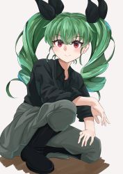 Rule 34 | 1girl, anchovy (girls und panzer), anzio military uniform, black footwear, black ribbon, black shirt, blouse, boots, closed mouth, clothes around waist, commentary, dress shirt, drill hair, elbow on knee, girls und panzer, green hair, grey background, grey pants, hair ribbon, hand on own knee, highres, jacket, jacket around waist, unworn jacket, knee boots, long hair, looking at viewer, military, military uniform, on one knee, pants, pants tucked in, pizakame, red eyes, ribbon, shadow, shirt, simple background, sleeves rolled up, smile, solo, twin drills, twintails, uniform, wing collar