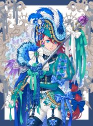 Rule 34 | 1girl, aqua bow, bicorne, blue bow, blue eyes, bow, bug, butterfly, cowboy shot, earrings, feathers, garter straps, gem, hat, hat feather, highres, insect, jewelry, juliet sleeves, long hair, long sleeves, looking at viewer, minami (minami373916), multi-tied hair, original, pants, parted lips, puffy sleeves, red hair, smile, solo, staff, striped, striped bow, tassel, very long hair, white bow, white pants