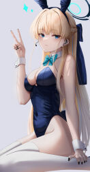 Rule 34 | 1girl, absurdres, animal ears, bare shoulders, blonde hair, blue archive, blue eyes, blue leotard, blush, breasts, cleavage, detached collar, earpiece, fake animal ears, fake tail, hair ribbon, highleg, highleg leotard, highres, leotard, long hair, looking at viewer, medium breasts, official alternate costume, playboy bunny, rabbit ears, rabbit tail, ribbon, sitting, solo, strapless, strapless leotard, tail, toki (blue archive), toki (bunny) (blue archive), v, very long hair, wariza, wrist cuffs, yamikyon