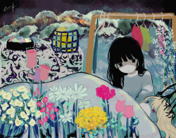 Rule 34 | 2girls, abstract, black hair, blunt bangs, ccnaov, clothes hanger, clothes rack, commentary, english commentary, expressionless, flower, grey sweater, highres, laundry basket, long hair, looking at another, lying, multiple girls, on back, original, pink eyes, pink flower, shaded face, signature, sitting, sweater, tulip, under covers, unworn clothes, upper body, water, waves, white flower, yellow flower