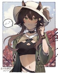 Rule 34 | 1girl, animal ears, arknights, black choker, breasts, brown hair, choker, crop top, dated, ears through headwear, green eyes, green jacket, hair ornament, highres, jacket, long hair, long sleeves, looking at viewer, medium breasts, meteor (arknights), meteor (bard&#039;s holiday) (arknights), midriff, navel, official alternate costume, open clothes, open jacket, shiyanyuan wuhao, smile, solo, star (symbol), star hair ornament, stomach, upper body, white headwear, wristband