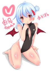 Rule 34 | 1girl, alternate hairstyle, bad id, bad pixiv id, bat wings, black one-piece swimsuit, blue hair, blush, front zipper swimsuit, hair bun, hair ornament, hairclip, highleg, highleg swimsuit, meme attire, nyt (nagane), one-piece swimsuit, red eyes, remilia scarlet, single hair bun, sitting, smile, solo, swimsuit, tongue, tongue out, touhou, unzipped, wariza, wings, zipper