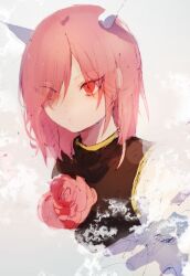 Rule 34 | 1girl, brown tabard, closed mouth, commentary request, expressionless, eyes visible through hair, flower, hair between eyes, hair over one eye, highres, horns, ibaraki douji&#039;s arm, kn001215, looking afar, medium hair, pink eyes, pink flower, pink hair, pink rose, portrait, rose, shirt, solo, tabard, touhou, white horns, white shirt