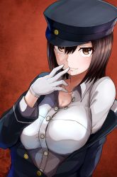 Rule 34 | 1girl, akitsu maru (kancolle), black hair, black hat, breasts, brown background, brown eyes, gloves, hat, highres, kantai collection, large breasts, military, military hat, military uniform, okitsugu, open clothes, peaked cap, shirt, short hair, smile, solo, uniform, upper body, white gloves, white shirt