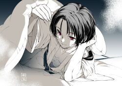 Rule 34 | 1boy, absurdres, bed invitation, black hair, blanket, commentary, copyright request, elbow rest, ero mikihime, highres, japanese clothes, kashuu kiyomitsu, kimono, long hair, looking at viewer, male focus, male underwear, monochrome, open clothes, open kimono, ponytail, red eyes, signature, smile, solo, spot color, touken ranbu, under covers, underwear