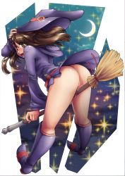 Rule 34 | 10s, 1girl, ass, blush, boots, broom, broom riding, brown eyes, brown hair, crescent moon, crotch rub, full body, hat, kagari atsuko, knee boots, little witch academia, long hair, looking at viewer, looking back, moon, no panties, open mouth, purple footwear, pussy, pussy juice, solo, standing, surprised, uncensored, witch hat