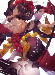 Rule 34 | 1girl, back, bare shoulders, blue eyes, breasts, calligraphy brush, fate/grand order, fate (series), flower, giant brush, hair flower, hair ornament, hairpin, holding, holding paintbrush, ink, japanese clothes, joenny, katsushika hokusai (fate), kimono, large breasts, looking at viewer, looking back, off shoulder, paintbrush, purple hair, purple kimono, sash, short hair, sideboob, simple background, solo, white background