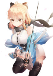Rule 34 | 1girl, absurdres, ahoge, bare shoulders, black scarf, black thighhighs, blonde hair, bow, breasts, brown eyes, cherry blossoms, fate/grand order, fate (series), hair bow, half updo, haori, highres, holding, holding sword, holding weapon, japanese clothes, katana, kimono, leg up, looking at viewer, medium breasts, obi, off shoulder, okita souji (fate), okita souji (koha-ace), petals, sash, scarf, sheath, shinsengumi, short hair, short kimono, simple background, sleeveless, sleeveless kimono, solo, standing, standing on one leg, sword, thighhighs, unsheathed, v-shaped eyebrows, verena, weapon, white background, white kimono, zettai ryouiki