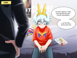 Rule 34 | 2boys, action figure, aged down, all for one (boku no hero academia), all might, artist name, bed, black shirt, boku no hero academia, character doll, child, closed mouth, english text, feet out of frame, from behind, hair between eyes, hand on own hip, highres, long sleeves, male focus, multiple boys, pants, paper, red shirt, shirt, short hair, short sleeves, sitting, speech bubble, standing, trevo (trevoshere), white hair, wrinkled skin