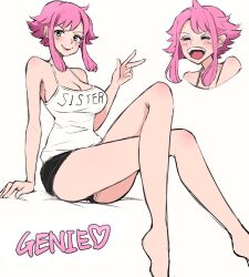 Rule 34 | 1girl, arm support, bare shoulders, black shorts, blush, breasts, camisole, cropped torso, crossed legs, feet out of frame, female focus, freckles, ginny (one piece), highres, large breasts, laughing, legs, multiple views, nose, one piece, pink hair, portrait, short hair, short shorts, shorts, simple background, sitting, smile, solo, teeth, upper teeth only, w, white background, white camisole