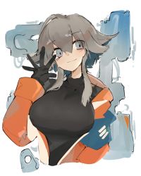 Rule 34 | 1girl, arknights, armband, black gloves, black sweater, blush, breasts, closed mouth, commentary, gloves, grey eyes, hair between eyes, jacket, large breasts, looking at viewer, mayer (arknights), medium hair, mikozin, open clothes, open jacket, orange jacket, ribbed sweater, sidelocks, silver hair, simple background, smile, solo, sweater, turtleneck, turtleneck sweater, upper body, waving, white background