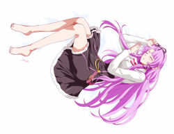 1girl artist_name barefoot bow breasts closed_eyes dress eiyuu_densetsu hair_bow kuro_no_kiseki_(series) long_hair lying medium_breasts parted_bangs purple_hair renne_(eiyuu_densetsu) sidelocks simple_background sleeping smile solo white_background xiacheng_tatsuya