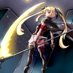 Rule 34 | 1girl, ass, bardiche (nanoha), bardiche (scythe form) (nanoha), black leotard, blonde hair, cape, commentary request, fate testarossa, fate testarossa (movie 1st form), from behind, gasha dokurou, glowing, hair ribbon, highres, leotard, long hair, looking at viewer, looking back, lyrical nanoha, magical girl, mahou shoujo lyrical nanoha, multiple girls, red eyes, ribbon, shiny skin, sketch, solo, standing, thighhighs, twintails, very long hair