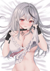 Rule 34 | 1girl, absurdres, ara1e, black collar, black gloves, black hair, blush, breasts, camisole, cleavage, collar, collarbone, ear piercing, fingerless gloves, gloves, grey hair, hair between eyes, hair ornament, heart collar, highres, hololive, large breasts, long hair, looking at viewer, lying, multicolored hair, navel, on back, open mouth, piercing, red eyes, sakamata chloe, sakamata chloe (1st costume), solo, streaked hair, virtual youtuber, white camisole, x hair ornament