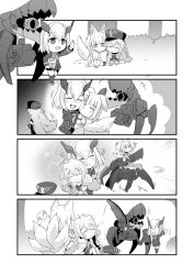 Rule 34 | +++, 3girls, 4koma, :d, ^ ^, animal ears, azur lane, book, cape, cheek-to-cheek, chibi, closed eyes, comic, commentary request, closed eyes, flying sweatdrops, fox ears, fox tail, fur cape, graf zeppelin (azur lane), greyscale, hat, headgear, headpat, heads together, holding, holding book, hug, kaga (battleship) (azur lane), long hair, machinery, monochrome, multiple girls, multiple tails, open mouth, peaked cap, pleated skirt, reading, riding, roon (azur lane), short hair, silent comic, skirt, smile, steed (steed enterprise), tail, turret, waving