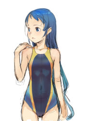 Rule 34 | 10s, 1girl, alternate costume, blue eyes, blue hair, blush, branch (blackrabbits), competition swimsuit, kantai collection, long hair, matching hair/eyes, one-piece swimsuit, samidare (kancolle), simple background, sketch, smile, solo, swimsuit, white background