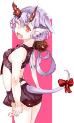 Rule 34 | 1girl, eyelashes, hair ornament, highres, horns, laio, midriff, one eye closed, oni, open mouth, original, pointy ears, purple hair, red eyes, ribbon, skirt, solo, swimsuit, tail, wink