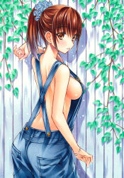 Rule 34 | 1girl, arm up, bare arms, bare back, bare shoulders, blush, bracelet, breasts, cowboy shot, day, denim, earrings, expressionless, fence, hair ornament, hair scrunchie, ivi, jewelry, light particles, marker (medium), medium breasts, naked overalls, original, outdoors, overalls, parted lips, plant, pocket, ponytail, scrunchie, shoulder blades, sideboob, solo, standing, stud earrings, traditional media, yuto cafe