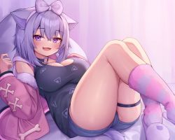 Rule 34 | 1girl, :d, absurdres, animal ears, black shirt, breasts, cat ears, cat girl, cat tail, cleavage, cosplay, deaver, fang, hairband, highres, hololive, inugami korone, inugami korone (cosplay), inugami korone (loungewear), jacket, large breasts, legs, long sleeves, looking at viewer, lying, nekomata okayu, on back, open mouth, pink jacket, purple eyes, purple hair, purple hairband, shirt, short hair, smile, socks, solo, tail, thighs, virtual youtuber