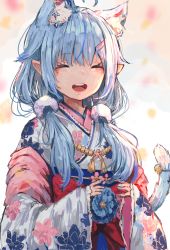 Rule 34 | 1girl, :d, ^ ^, absurdres, ahoge, animal ear fluff, animal ears, blue flower, blue hakama, blue nails, blush, cat ears, cat girl, cat tail, closed eyes, commentary request, facing viewer, floral print, flower, hair between eyes, hair over shoulder, hakama, hakama skirt, highres, hololive, japanese clothes, kemonomimi mode, kimono, long hair, long sleeves, looking at viewer, low twintails, multicolored hair, nail polish, nyucha, obi, open mouth, pointy ears, print kimono, red flower, round teeth, sash, skirt, sleeves past wrists, smile, solo, streaked hair, tail, teeth, twintails, upper teeth only, virtual youtuber, white kimono, wide sleeves, yukihana lamy, yukihana lamy (new year)