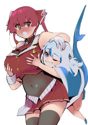 Rule 34 | 2girls, black thighhighs, blue eyes, blue hair, blunt bangs, blush, grabbing another&#039;s breast, breasts, covered navel, dismassd, fins, fish tail, gawr gura, gloves, grabbing, grabbing from behind, green hair, hand on another&#039;s head, heterochromia, highres, hololive, hololive english, houshou marine, large breasts, long hair, multicolored hair, multiple girls, one eye closed, red eyes, red hair, red skirt, shark tail, simple background, skirt, smile, streaked hair, tail, teeth, thighhighs, twintails, virtual youtuber, white background, white gloves, wide sleeves, yellow eyes, yuri