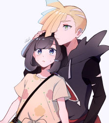 Rule 34 | 1boy, 1girl, ahoge, bag, blonde hair, blush, brown hair, closed mouth, commentary request, creatures (company), ear piercing, eyelashes, game freak, gladion (pokemon), green eyes, hair over one eye, hand on another&#039;s head, handbag, highres, hood, hood down, hoodie, nintendo, piercing, pokemon, pokemon sm, selene (pokemon), shirt, short hair, signature, simple background, sweat, tere asahi, tied shirt, white background, yellow shirt