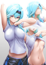 Rule 34 | 1girl, :/, absurdres, alternate costume, aqua hair, areola slip, arm up, armpits, arms up, bare arms, between breasts, black hairband, breasts, breasts apart, casual, closed eyes, closed mouth, clothes between breasts, clothes lift, collarbone, covered erect nipples, cowboy shot, crossed bangs, dated, drawstring, eula (genshin impact), genshin impact, gradient background, gradient eyes, grey background, groin, hair between eyes, hair intakes, hairband, highres, large breasts, lifted by self, long hair, looking at viewer, lowleg, lowleg pants, medium hair, midriff, midriff peek, multicolored eyes, multiple views, navel, no bra, open mouth, pants, profile, projected inset, revision, royboy, shirt, shirt lift, short sleeves, sidelocks, stomach, striped, sweatpants, t-shirt, tsurime, underboob, vertical stripes, white background, white shirt, yellow eyes