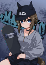 Rule 34 | 1girl, absurdres, animal ears, baseball cap, black hat, black shorts, blue eyes, breasts, bright pupils, brown hair, cheval grand (boc&#039;z) (umamusume), cheval grand (umamusume), choker, collared shirt, feet out of frame, graffiti, grey shirt, hat, highres, holding, holding skateboard, horse ears, horse girl, horse tail, lexis yayoi, long sleeves, looking at viewer, multicolored hair, shirt, short hair, shorts, signature, sitting, skateboard, small breasts, solo, streaked hair, tail, umamusume, white pupils