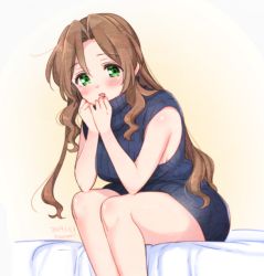 Rule 34 | 1girl, 2019, aerith gainsborough, bad id, bad pixiv id, bare arms, bare legs, bed sheet, black sweater, blush, borrowed clothes, brown hair, dated, dress, final fantasy, final fantasy vii, green eyes, hair between eyes, hair intakes, krudears, long hair, looking at viewer, open mouth, ribbed sweater, shiny skin, simple background, sitting, sleeveless, sleeveless sweater, solo, sweater, sweater dress, turtleneck, turtleneck sweater, very long hair, white background