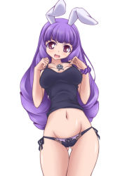 Rule 34 | 1girl, adjusting strap, animal ears, black panties, black shirt, blunt bangs, blush, bow, bow panties, breasts, camisole, chuchu (show by rock!!), cowboy shot, diamond-shaped pupils, diamond (shape), gluteal fold, groin, head tilt, jewelry, kikuchi tsutomu, light blush, long hair, looking at viewer, navel, necklace, open mouth, panties, purple eyes, purple hair, rabbit ears, shirt, show by rock!!, side-tie panties, simple background, skull necklace, smile, solo, standing, symbol-shaped pupils, thigh gap, thighs, underwear, underwear only, v-shaped eyebrows, white background, wristband