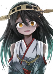Rule 34 | 10s, 1girl, bare shoulders, black hair, empty eyes, hairband, haruna (kancolle), kantai collection, looking at viewer, open mouth, smile, solo, ugatsu matsuki, upper body, v, yandere, yellow eyes