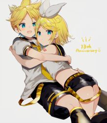 Rule 34 | 1boy, 1girl, anniversary, bad id, bad twitter id, bare arms, bare shoulders, black collar, black legwear, black shorts, blonde hair, blue eyes, bow, collar, commentary, crop top, expressionless, grey background, hair bow, hair ornament, hairclip, hug, kagamine len, kagamine rin, leg warmers, looking at another, looking at viewer, mutual hug, nail polish, necktie, sailor collar, school uniform, shimada71 72, shirt, short hair, short ponytail, short shorts, short sleeves, shorts, shoulder tattoo, smile, spiked hair, swept bangs, symbol-only commentary, tattoo, vocaloid, white bow, white shirt, yellow nails, yellow neckwear