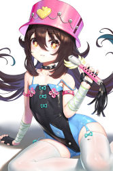 Rule 34 | 1girl, armlet, black gloves, blush, brown hair, choker, fingerless gloves, flat chest, garter straps, genshin impact, gloves, hat, highres, hu tao (genshin impact), leotard, lisong shen, looking at viewer, pink hat, red eyes, smile, star-shaped pupils, star (symbol), strap slip, symbol-shaped pupils, thighhighs, top hat, twintails, white thighhighs