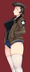Rule 34 | 1girl, absurdres, black shirt, blue shorts, brown hair, commentary, cosplay, cutoffs, denim, denim shorts, girls und panzer, green eyes, half-closed eyes, hands in pockets, highres, jacket, kay (girls und panzer), kay (girls und panzer) (cosplay), koyama harutarou, long hair, looking at viewer, micro shorts, open clothes, open jacket, open mouth, pompadour, red background, saunders military uniform, shirt, shorts, simple background, solo, standing, thighhighs, white thighhighs, yuri (girls und panzer)