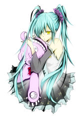 Rule 34 | 1girl, aqua hair, bare shoulders, dasshi, detached sleeves, hair over one eye, hatsune miku, highres, long hair, necktie, scrunchie, simple background, skirt, solo, stuffed animal, stuffed toy, tsumi to batsu (vocaloid), twintails, vocaloid, yellow eyes