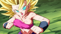 Rule 34 | 1girl, :d, aqua eyes, battle damage, blonde hair, bouncing breasts, breasts, caulifla, covered erect nipples, dragon ball, dragon ball super, fighting stance, looking at viewer, open mouth, pink tube top, rom (20), smile, solo, spiked hair, strapless, super saiyan, super saiyan 2, sweat, tube top