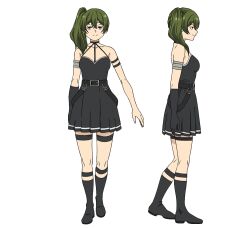 Rule 34 | 1girl, arm strap, armlet, belt, black choker, black dress, black footwear, black gloves, boots, character sheet, choker, dress, from side, full body, gloves, green hair, half-closed eyes, jitome, long hair, o-ring, o-ring choker, official art, pleated dress, profile, side ponytail, single glove, smile, sousou no frieren, straight-on, suspenders hanging, thigh strap, transparent background, ubel (sousou no frieren)