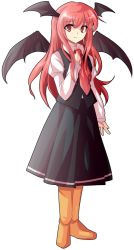 Rule 34 | 1girl, alphes (style), boots, dairi, female focus, full body, hand on own chest, head wings, koakuma, long hair, long sleeves, looking at viewer, necktie, parody, red eyes, red hair, red necktie, skirt, smile, solo, standing, style parody, touhou, transparent background, vest, wings