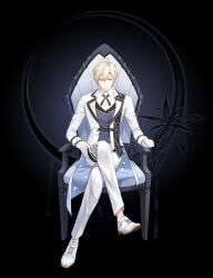 Rule 34 | 1boy, ahoge, armchair, belt, black background, black flower, black sash, blonde hair, chair, closers, crescent, cross tie, crossed legs, ear ornament, expressionless, flower, full body, gloves, hair between eyes, highres, jacket, long jacket, long sleeves, looking to the side, male focus, official art, on chair, oxfords, pants, purple vest, red eyes, sash, shirt, shoulder sash, sitting, solo, striped clothes, striped vest, tachi-e, thigh belt, thigh strap, vertical-striped clothes, vertical-striped vest, vest, white gloves, white jacket, white pants, white shirt, wolfgang schneider