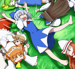 Rule 34 | 6+girls, :d, @ @, ^ ^, arms up, asymmetrical hair, bare legs, barefoot, blonde hair, blue dress, bow, brown hair, cirno, commentary, daiyousei, dress, closed eyes, face down, fang, grass, green hair, hair bow, hirosato, large bow, leg up, lily white, long hair, luna child, lying, multiple girls, on back, on person, on stomach, open mouth, orange hair, outstretched arms, puffy short sleeves, puffy sleeves, ribbon, short hair, short sleeves, side ponytail, smile, star sapphire, sunny milk, touhou, wide sleeves, x x, yousei daisensou