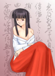 Rule 34 | aoyama motoko, bare shoulders, black hair, blush, breasts, brown eyes, cleavage, clothes pull, japanese clothes, large breasts, love hina, miko, shirt pull